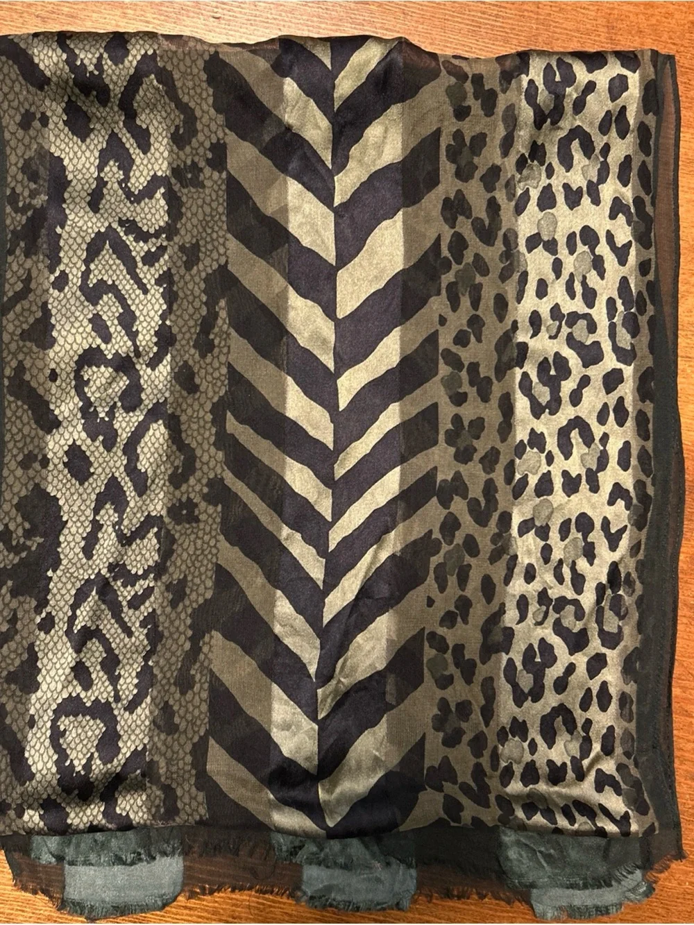 Adrienne Vittadini Black and Olive Animal Print Silk Scarf
